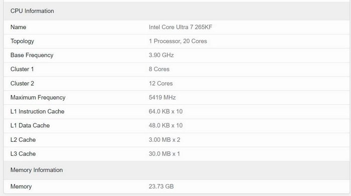 Intel Core Ultra 7 265KF v databázi Geekbench