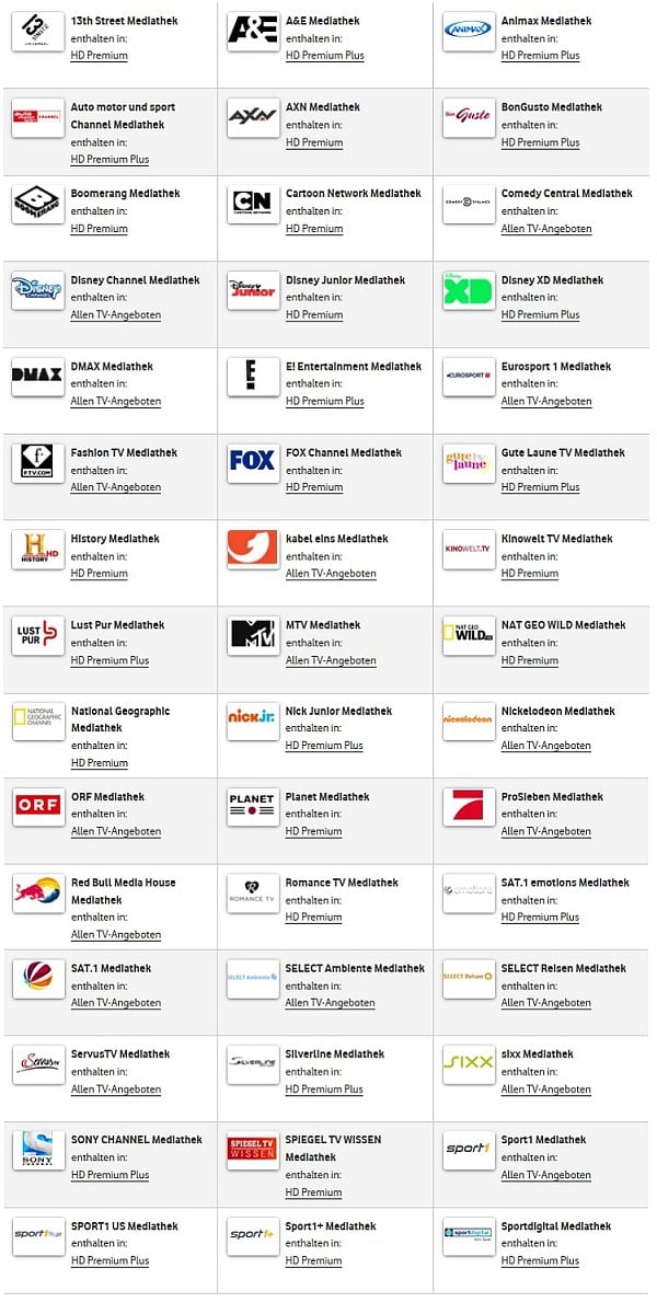 Programy z balíčků HD Premium a HD Premium Plus, mediatéky