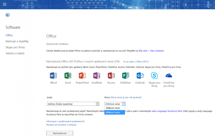 Předplácíte-li si Office 365, při můžete si vybrat, kterou ze dvou bitových variant nainstalovat