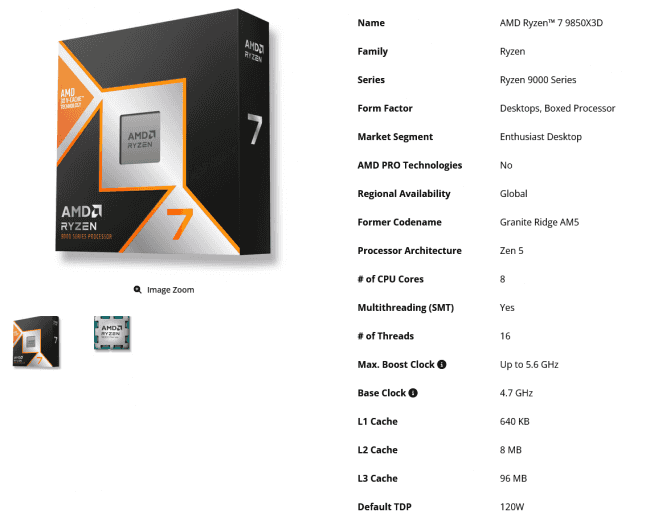 AMD Ryzen 7 9850X3D na webu firmy