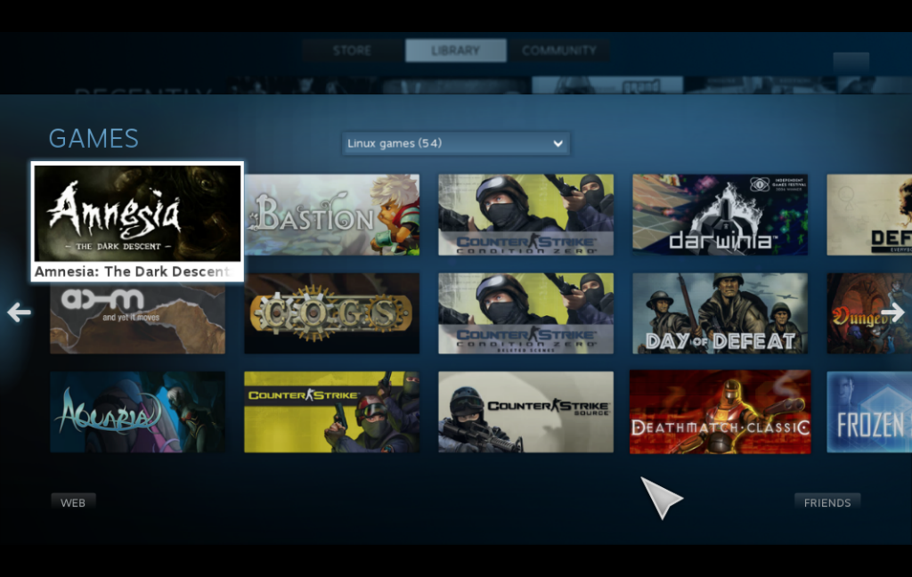 Podrobný přehled zakoupených her. Zobrazeny už jsou pouze kousky podporující Linux.