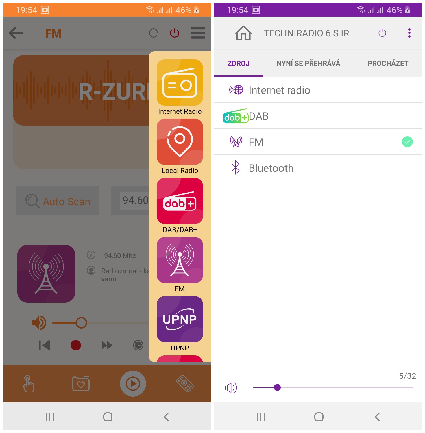 Hlavní menu pro ovládání mobilních aplikací (vlevo aplikace Soundmate, vpravo aplikace Undok)