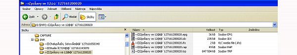 Na screenshotu z PC vidíte otevřený adresář s jednou nahrávkou pořízenou přijímačem. Video a audio složka je v tomto seznamu s příponou *.trp.
