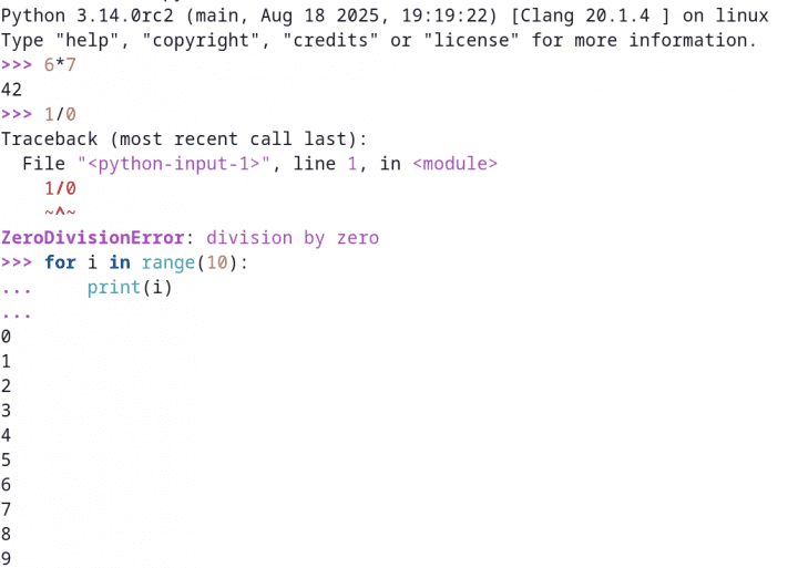 Autor: tisnik, podle licence: <a href="http://en.wikipedia.org/wiki/Rights_Managed">Rights Managed</a> Obrázek 1: Barevné zvýraznění REPLu Pythonu 3.14
