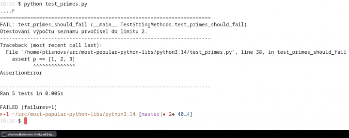 Autor: tisnik, podle licence: <a href="http://en.wikipedia.org/wiki/Rights_Managed">Rights Managed</a> Obrázek 4: Výsledky jednotkových testů vypsané Pythonem 3.13.