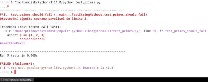 Autor: tisnik, podle licence: <a href="http://en.wikipedia.org/wiki/Rights_Managed">Rights Managed</a> Obrázek 5: Výsledky jednotkových testů vypsané Pythonem 3.14.