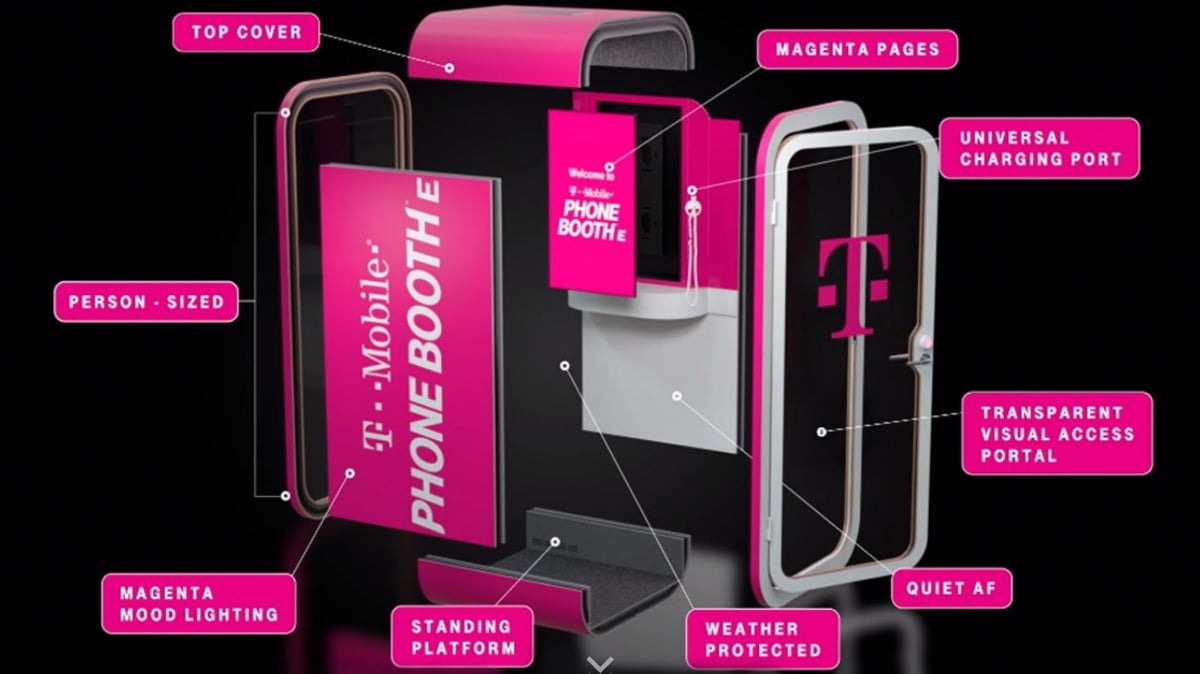T-Mobile ve vybraných amerických městech představí telefonní budky Phone BoothE. Budky budou plné elektroniky a nabídnou vám nerušené tenefonování. Jen mobil si musíte přinést vlastní.
(<a href="https://www.t-mobile.com/brand/t-mobile-boothe">více</a>)