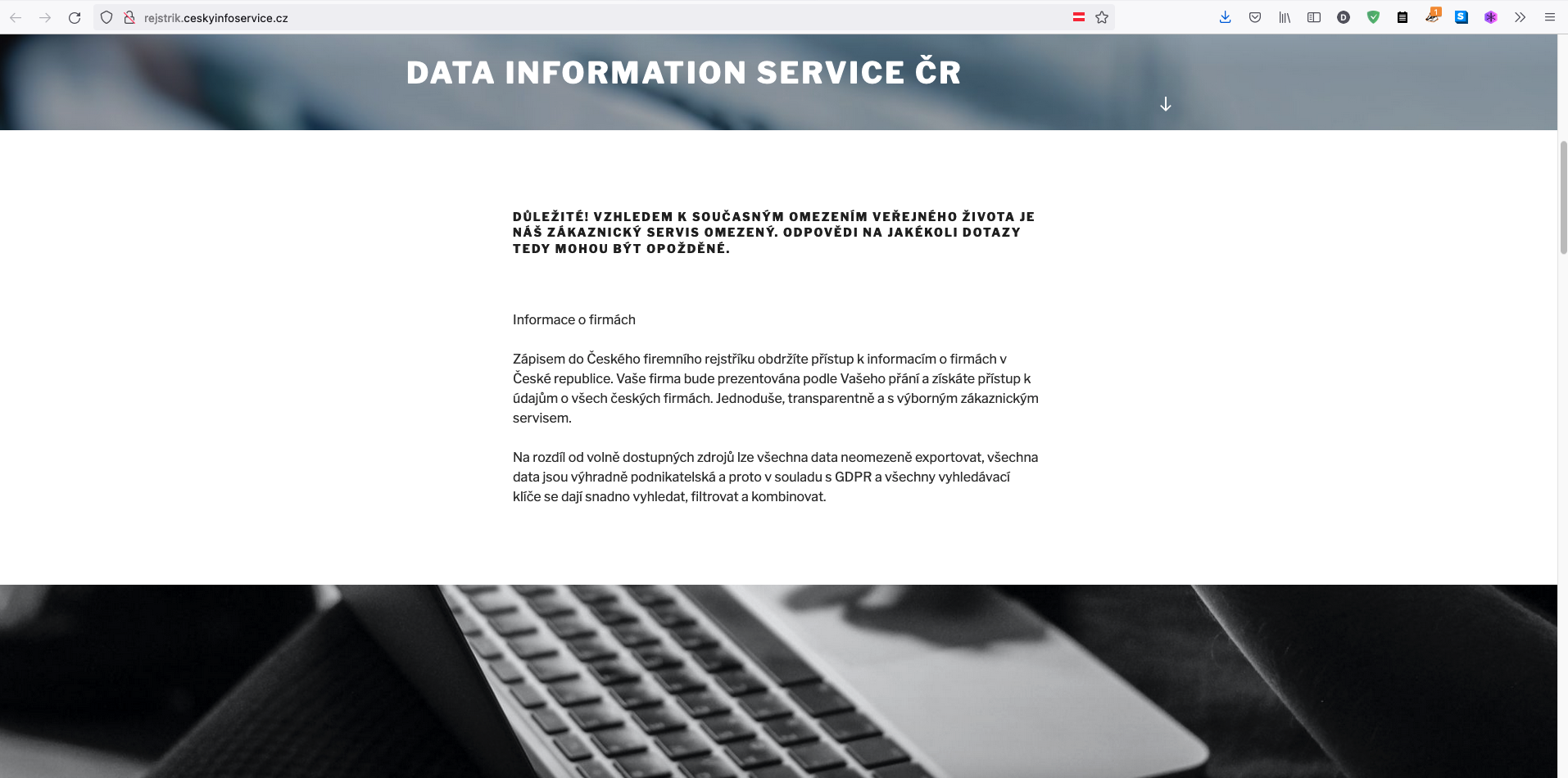 Webová prezentace společnosti Data Information Service ČR s.r.o., IČO 09280529 (13. 9. 2021)