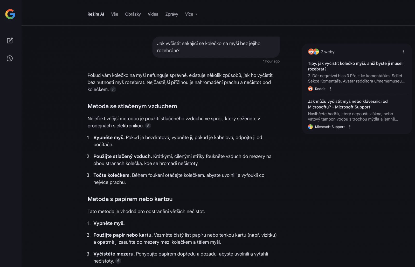 Screenshot Režimu AI