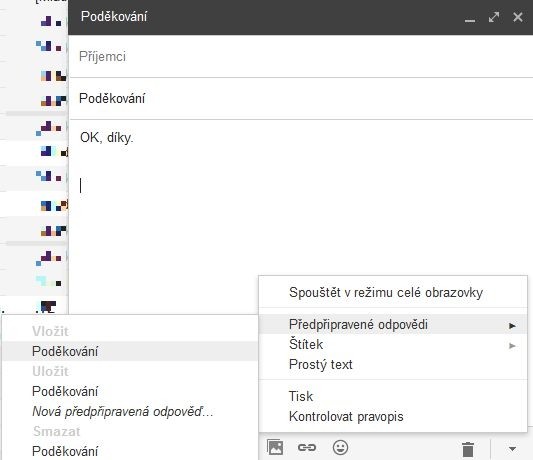 Funkce Předpřipravené odpovědi vám umožní vložit do e-mailu jedním klepnutím myši stále se opakující odpovědi