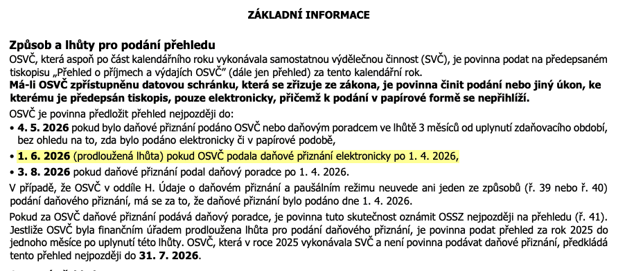 Chyba v termínu pro podání přehledů ČSSZ. Správně má být 4. 6. 2026.