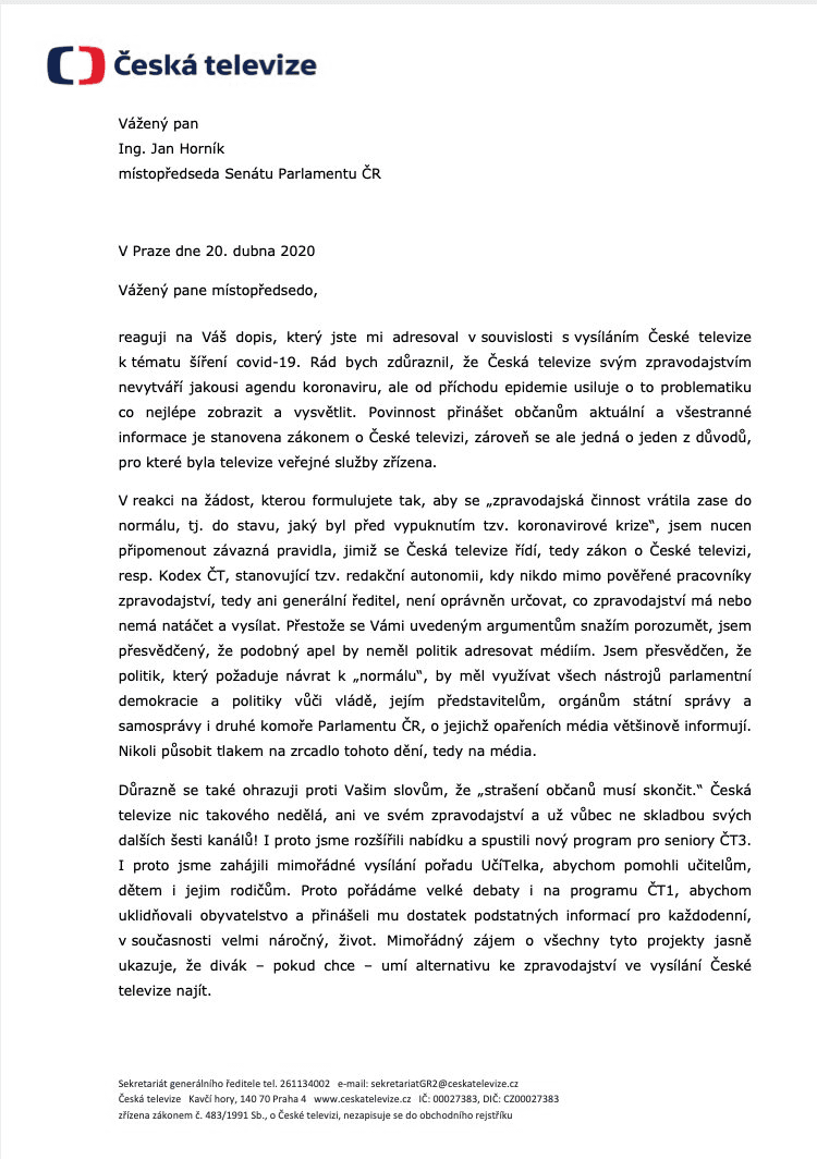 Dopis senátora Jana Horníka řediteli ČT a odpověď Petra Dvořáka