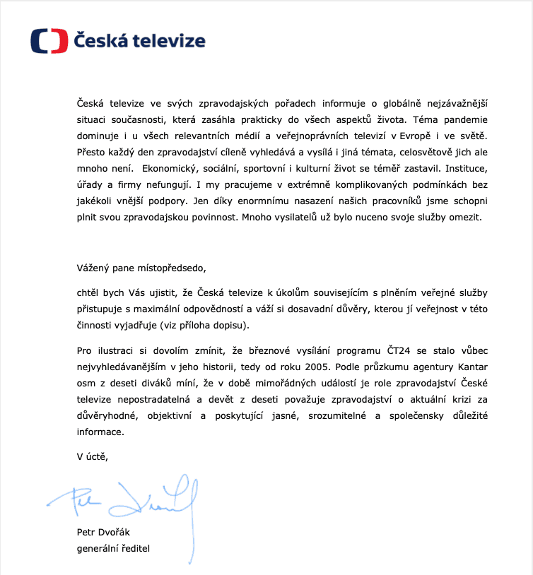 Dopis senátora Jana Horníka řediteli ČT a odpověď Petra Dvořáka