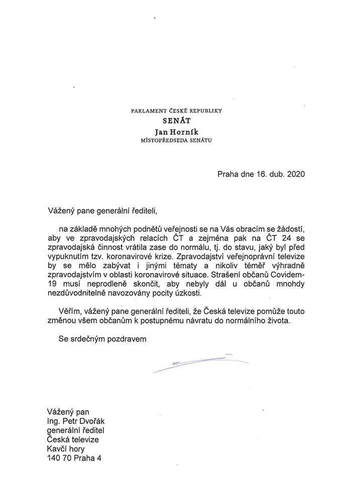 Dopis senátora Jana Horníka řediteli ČT a odpověď Petra Dvořáka