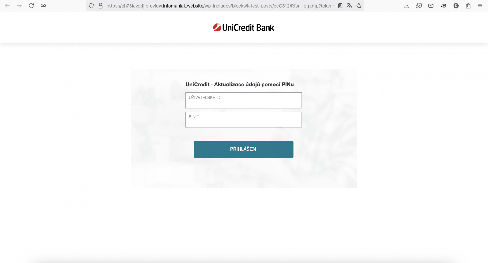 Podvodný e-mail cílící na klienty UniCredit Bank. (05/2025)