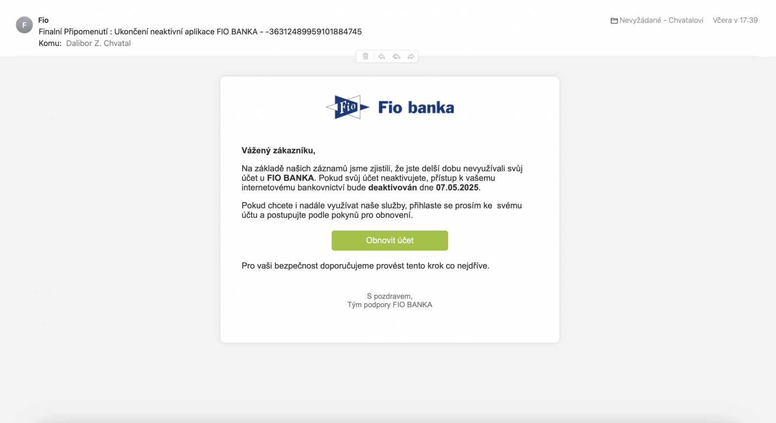 Podvodný e-mail cílící na klienty Fio banky. (05/2025)