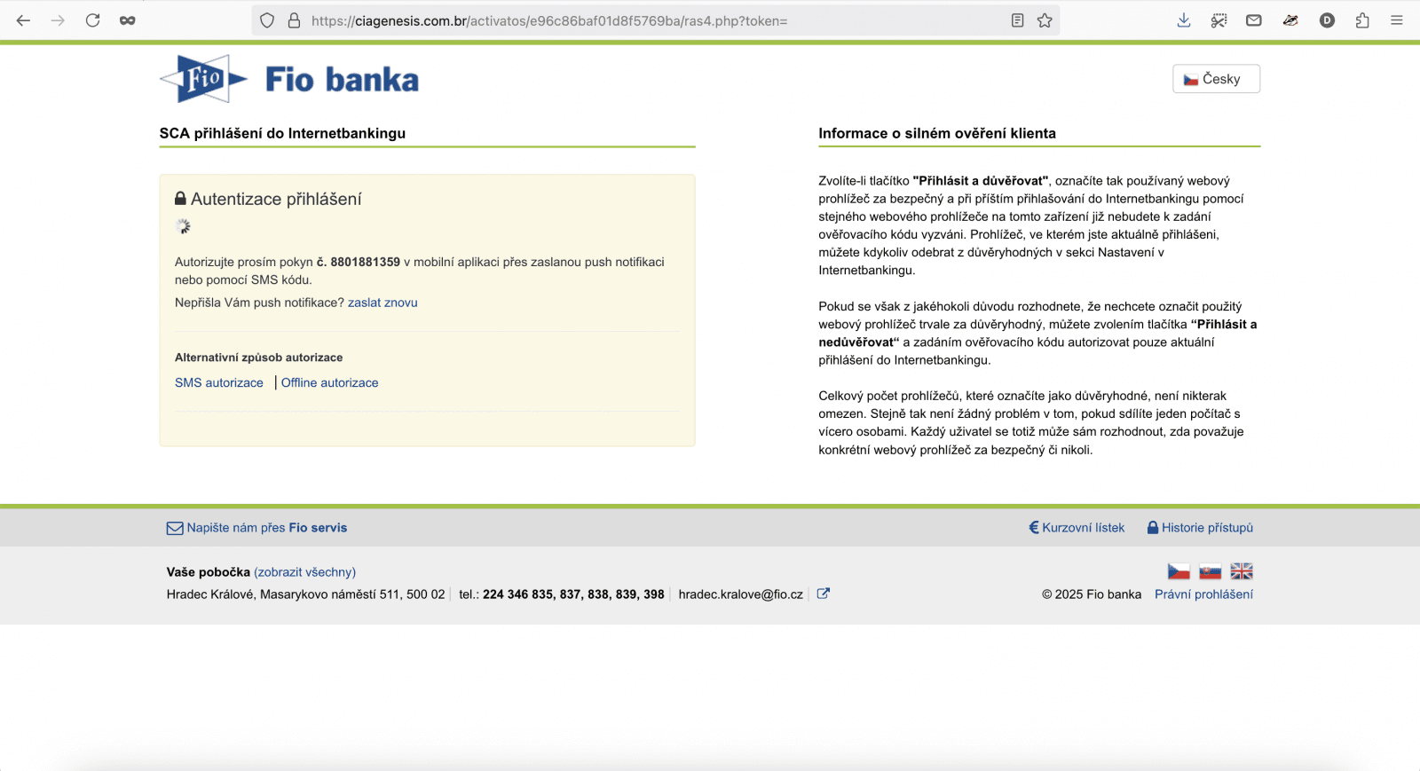 Podvodný e-mail cílící na klienty Fio banky. (05/2025)