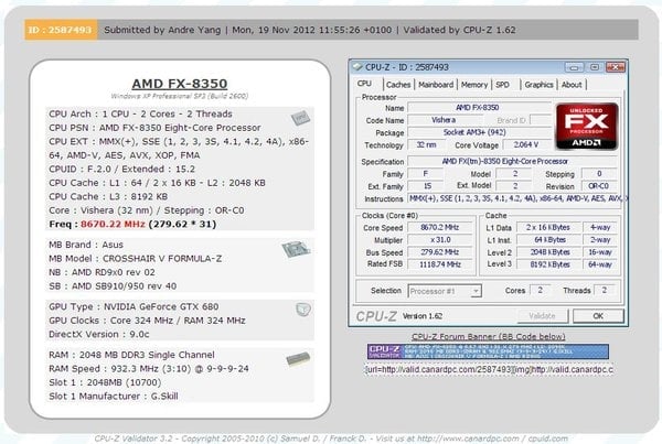 FX-8350 byl přetaktován na 8670 Mhz - validace