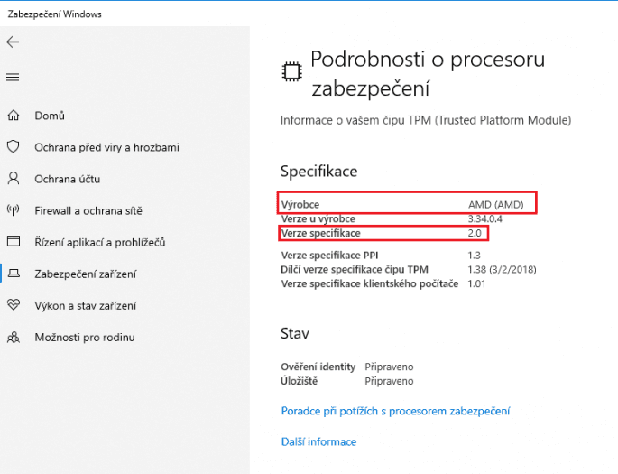 Okno s informacemi o TPM ve Windows 10