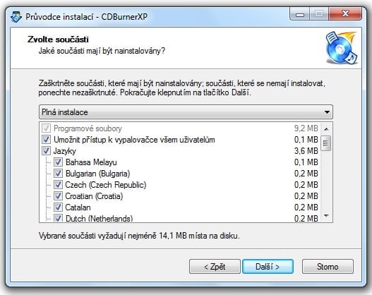 <p>Výběr podporovaných jazyků CDBurnerXP</p>