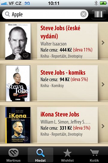 Mobilní aplikace Martinus - vyhledávání