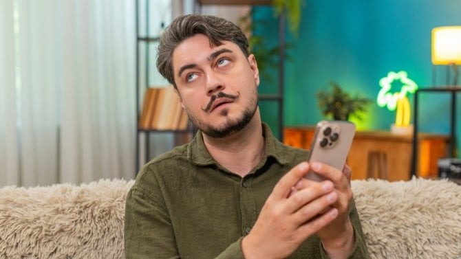 Muž drží telefon v ruce a protáčí znechuceně panenky
