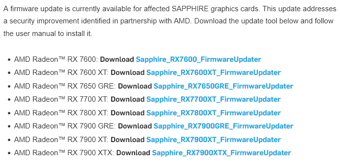 Bezpečnostní oprava firmwaru grafických karet Radeon RX 7000 od Sapphire