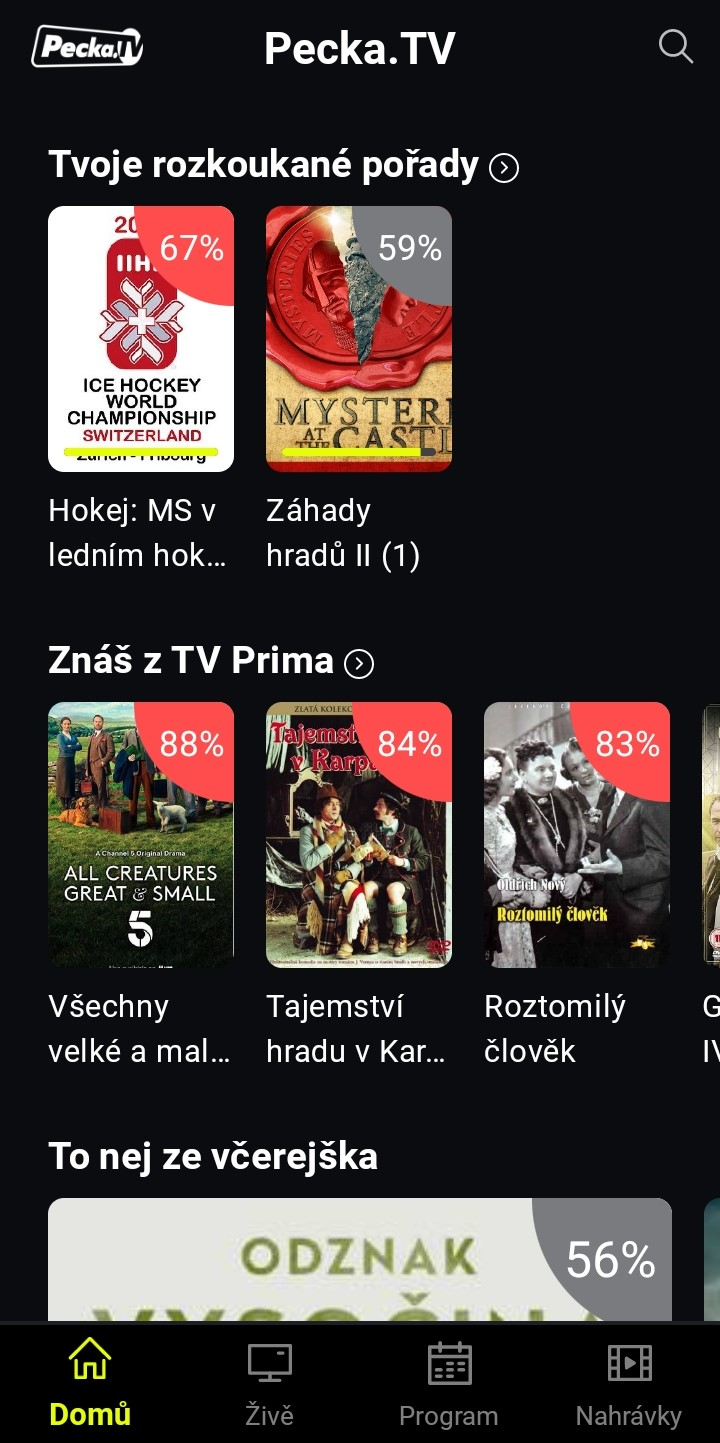 Prostředí služby Pecka v mobilní aplikaci