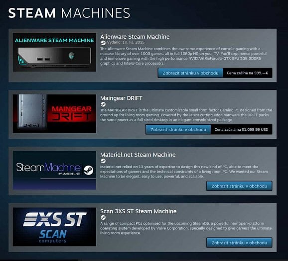 Kategorie Steam Machines nyní měla v nabídce čtyři typy počítačů z roku 2015. V poslední době o ně nejspíš velký zájem nebyl