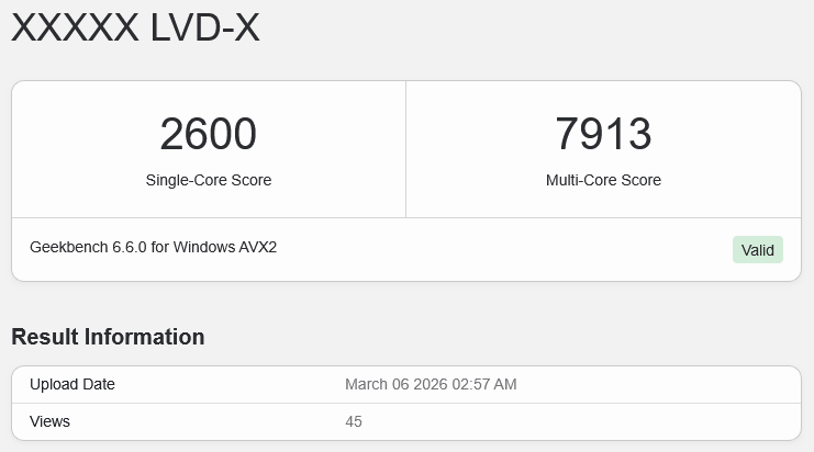 Intel Core 5 320 Wildcat Lake v Geekbench, skóre