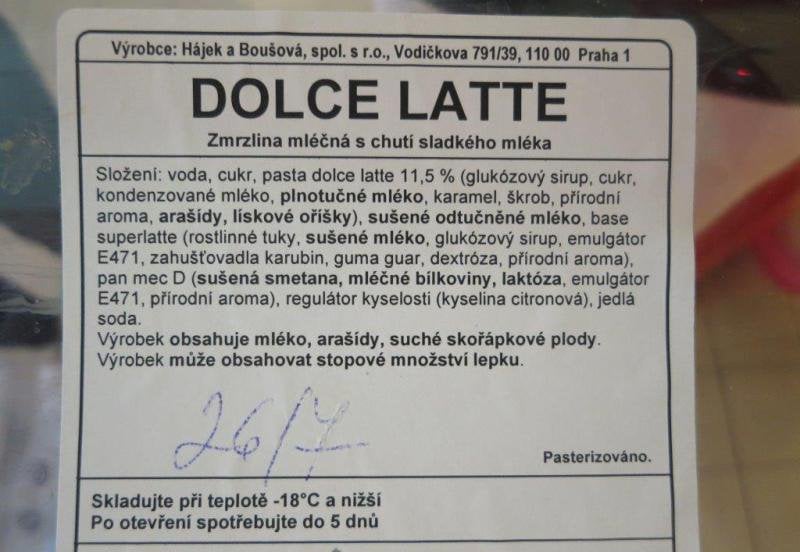 Zmrzlina DOLCE LATTE obsahovala alergen - vejce, který nebyl uveden ve výčtu alergenů obsažených ve výrobku. Spotřebitel se tak domnívá, že výrobek vejce neobsahuje.