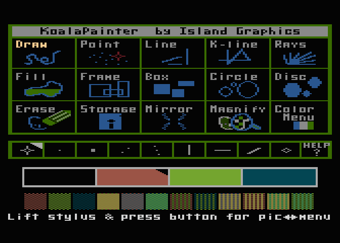 Menu kreslicího programu Koala Painter využívá textový režim s pěti barvami.