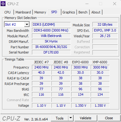 Autor: Jan Sedlák Parametry pamětí Goodram IRDM DDR5 od Wilk Elektronik (CPU-Z)