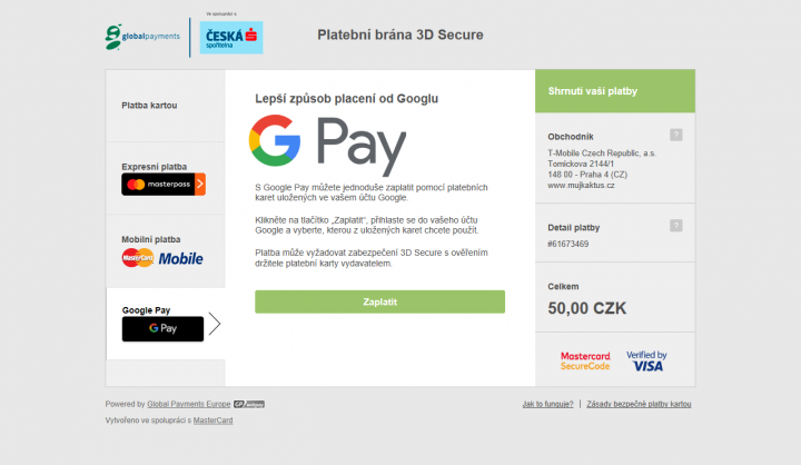 Platba přes G Pay u T-Mobilu