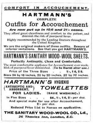 Reklamní plakát na Hartmannovy vložky datovaný kolem roku 1900. „Accouchement“ znamená porod a „puerperal horečka“ je poporodní infekce .