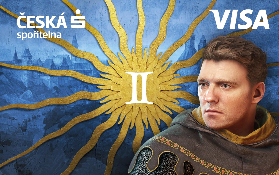 Svítící platební karta České spořitelny s motivem Jindřicha, hlavního hrdiny středověké hry Kingdom Come: Delivarence II od Warehorse Studios