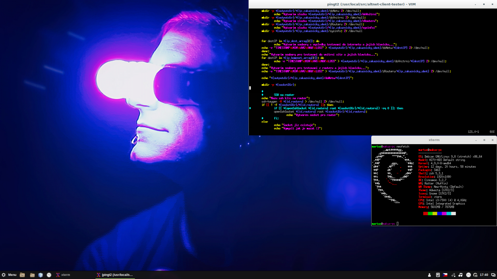 Čistá plocha s „naoko“ otevřeným editorem Vim a výpisem neofetch.