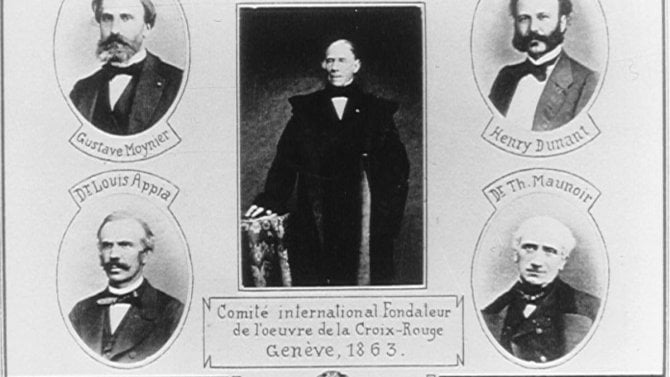 Členové výboru, který předcházel Červenému kříži: Henri Dunant, Gustave Moynier, Guillaume-Henri Dufour, Louis Appia a Théodore Maunoir.