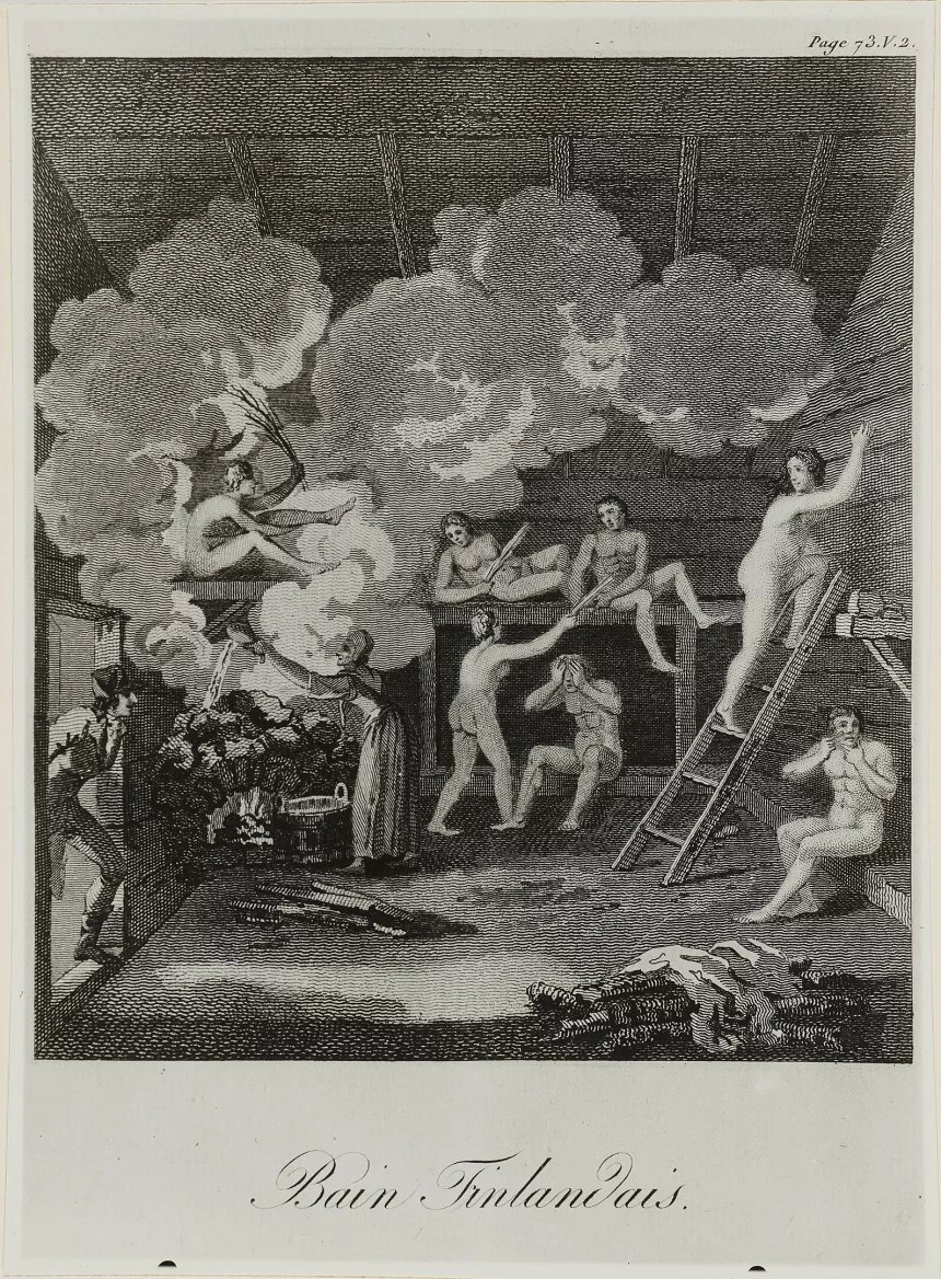 Bain Finlandais . Ilustrace finské sauny z roku 1804 od Giuseppe Acerbiho .