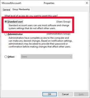 Výběrem tohoto přepínače odeberete uživatelskému účtu v operačním systému Windows 10 oprávnění správce.
