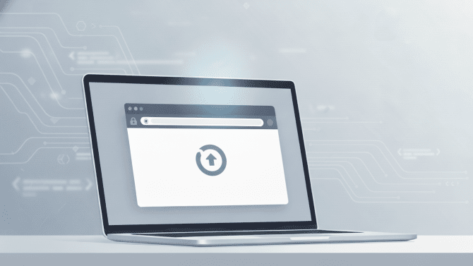 Monitor s otevřeným prohlížečem zobrazujícím upozornění na bezpečnostní aktualizaci a možnost restartu, v pozadí postava administrátora sledující přehled aktualizací, jako vizuální metafora správy záplat a zabezpečení prohlížeče.