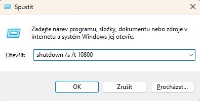 V tomto případě se počítač vypne za 3 hodiny