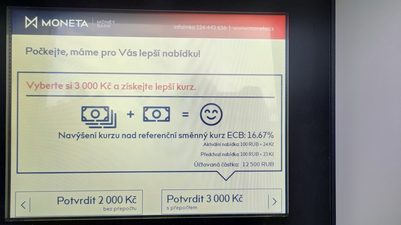 MONETA Money Bank. Při výběru nad 3000 Kč banka sníží kurzovní marži DCC (05/2021)