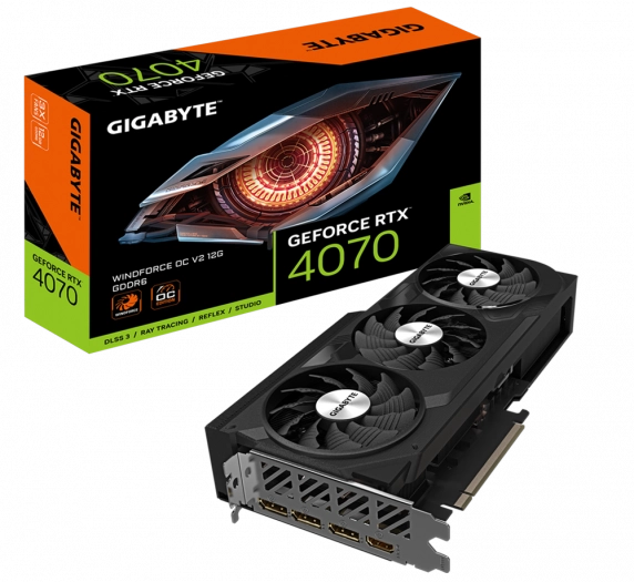 Gigabyte GeForce RTX 4070 WindForce OC V2 12G. Na krabici je informace o použití pamětí GDDR6 vytištěná, což zdaleka není pravidlem