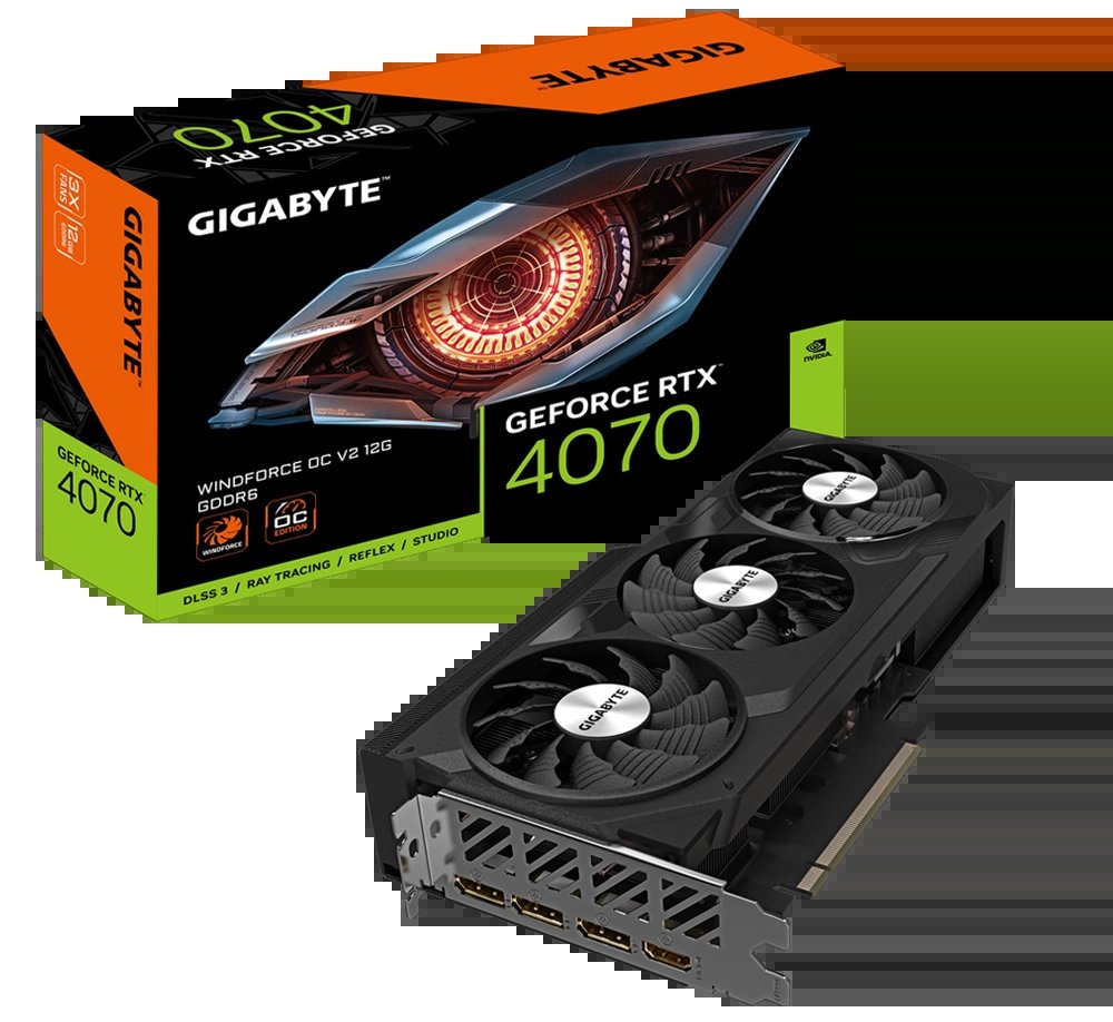 Gigabyte GeForce RTX 4070 WindForce OC V2 12G. Na krabici je informace o použití pamětí GDDR6 vytištěná, což zdaleka není pravidlem