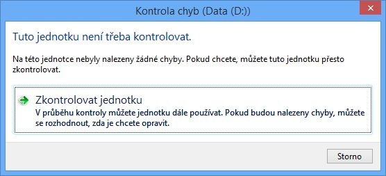 Nástroj Kontrola chyb ve Windows 8 a novějších verzích Windows nejprve zobrazí informaci o tom, zda byly objeveny nějaké chyby. Poté vám nabídne možnost provedení rychlé kontroly a následně úplné kontroly disku