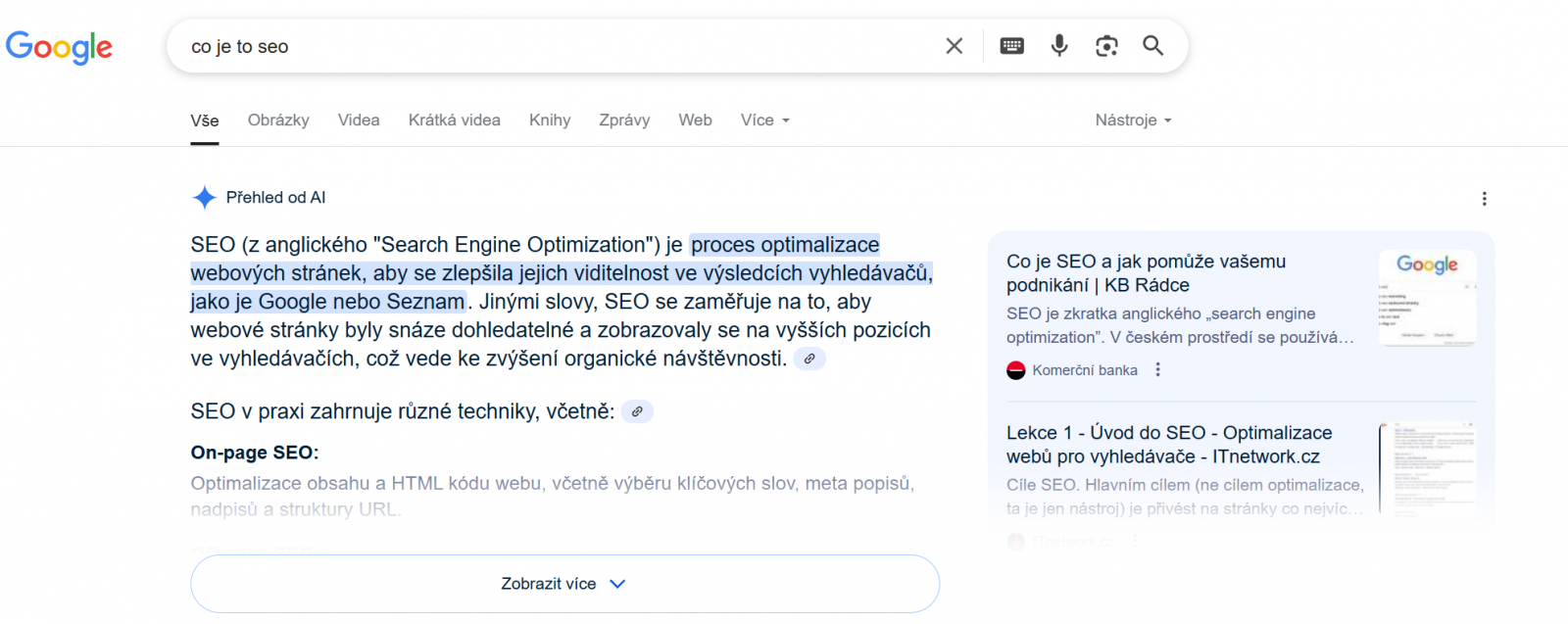 Vyhledavani - Google - AI Overviews - SEO