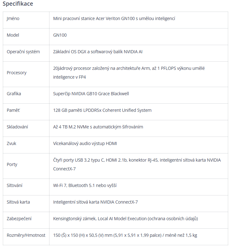 Acer Veriton GN100 specifikace