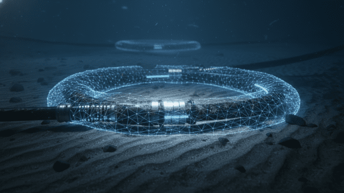 Fotorealistická vizualizace podmořského optického kabelu na dně oceánu s digitální vrstvou znázorňující monitorovací systémy a zvýšenou odolnost infrastruktury podle závěrů summitu v Portu.