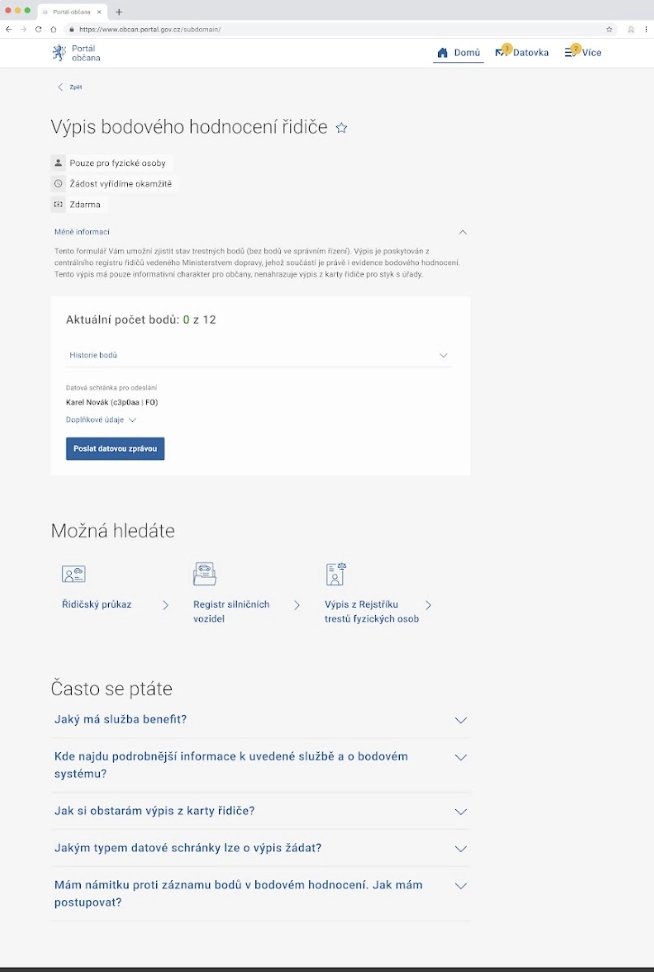 Portál občana - bodový výpis řidiče